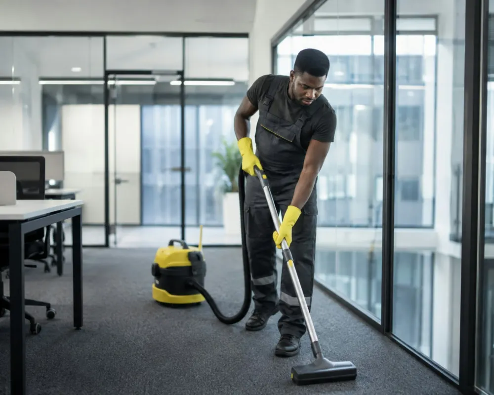 Cleaner vacuuming an office carpet