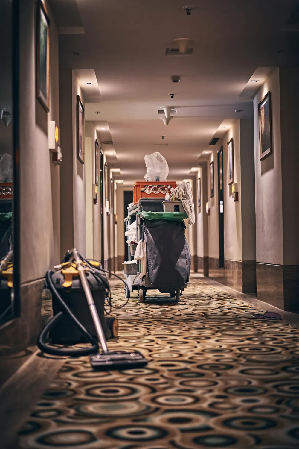 Hotel corridor with a cleaning trolley