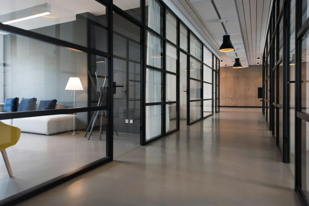 Office corridor with glass walls